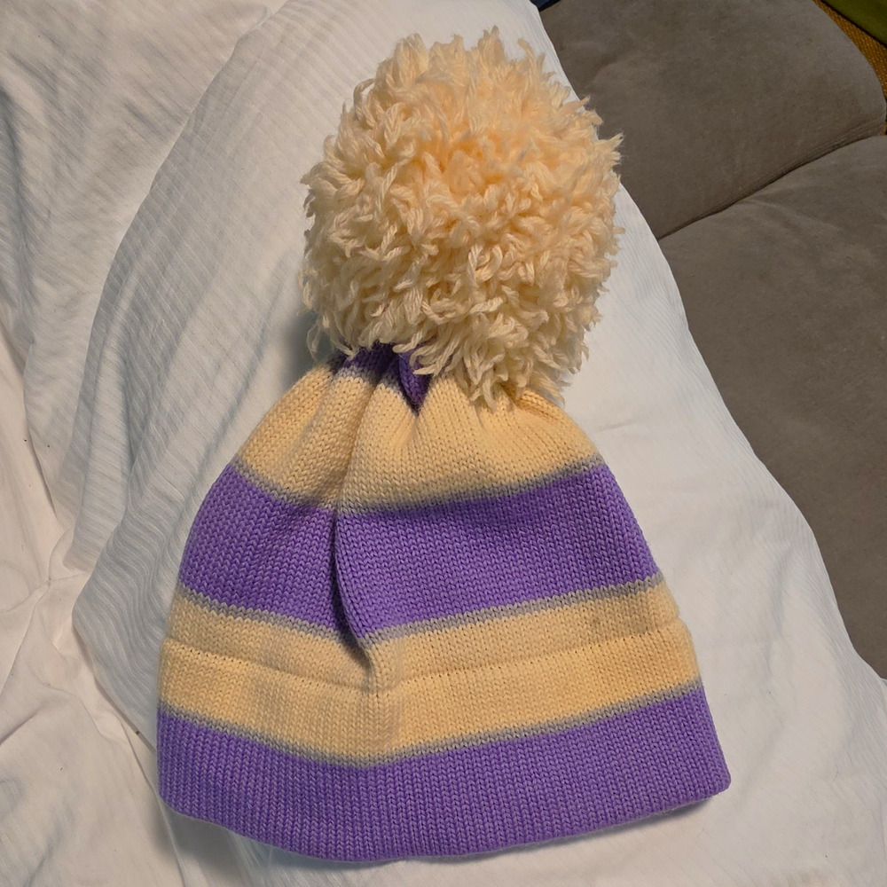 Vintage Jardi Women's Knit Striped Beanie Purple/Cream Pom-Pom Virgin Wool OS